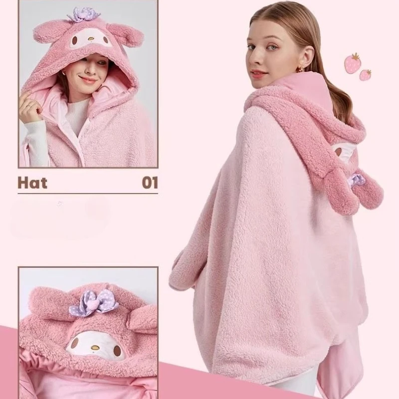 

Kawaii Cartoon Anime Hello Kitty Plush Shawl Blanket Soft Office Nap Hooded Poncho Sanrio Kuromi Cinnamoroll Hooded Cloak Gift