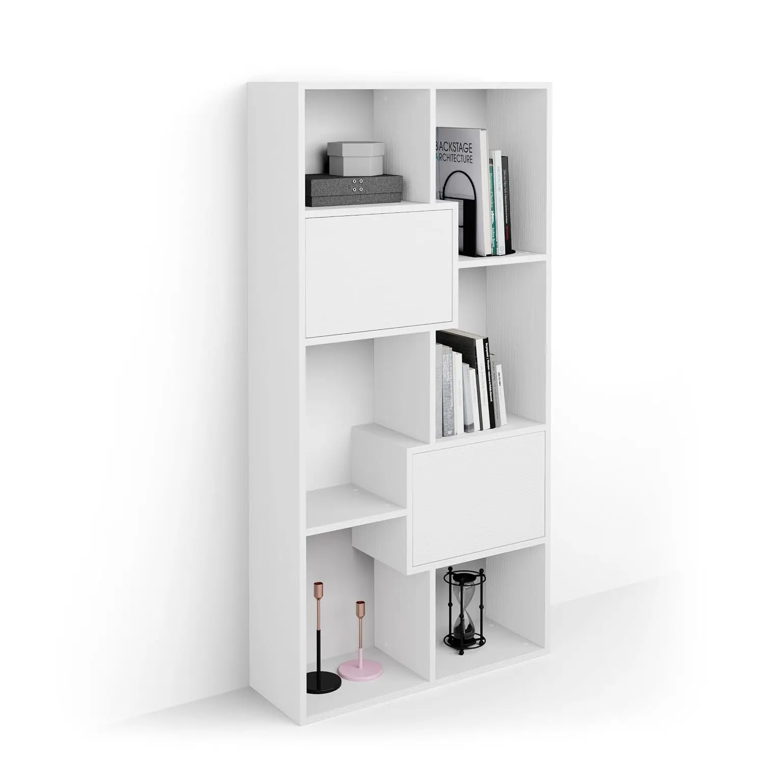 Bookcase with Panel Doors 63.31x31.5 in Ashwood White Made in Italy, Customized