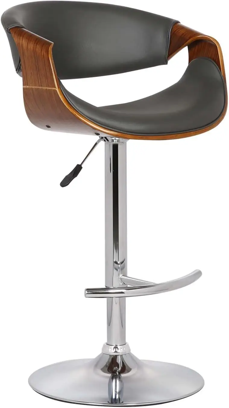 Armen Living Butterfly Swivel Adjustable Barstool in Grey Faux Leather and Walnut Wood Finish