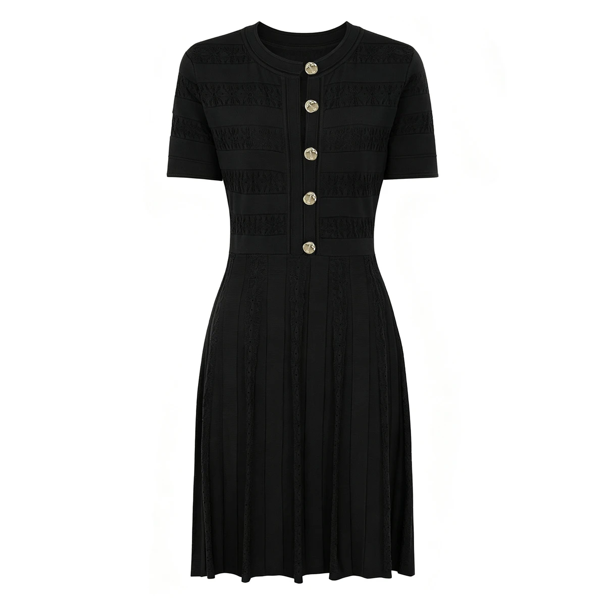 

26141 New Arrival Fashion Dress Women Heavy Industry Knitted Short Sleeve Gold Button Embellishment Slim Summer Wear