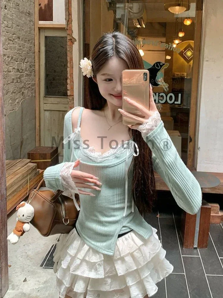 2024 Sweet Pure Style Green Base Tops Women Autumn Winter Lace Two Piece Clothes Sweet Spice Girl Bow Casual Cropped T-shirt New
