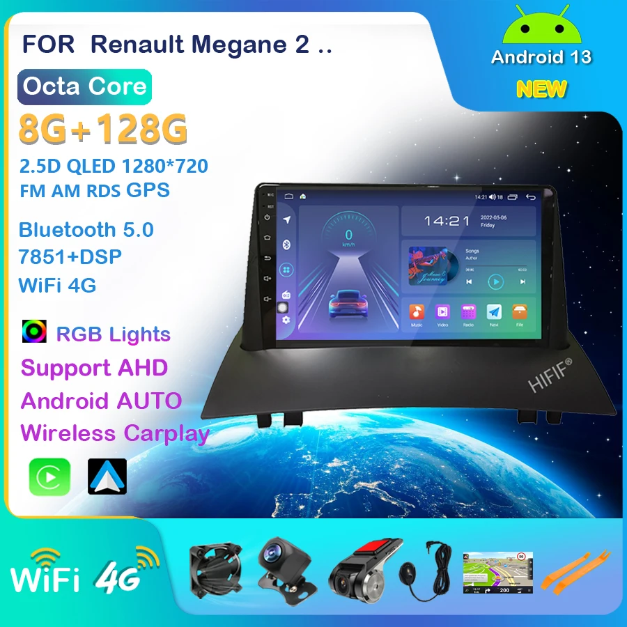 

9" IPS 2 Din Android 13 Car Radio GPS Navigation Multimedia Audio Player For Renault Megane 2 2002-2009 Octa-Core Wifi NO DVD