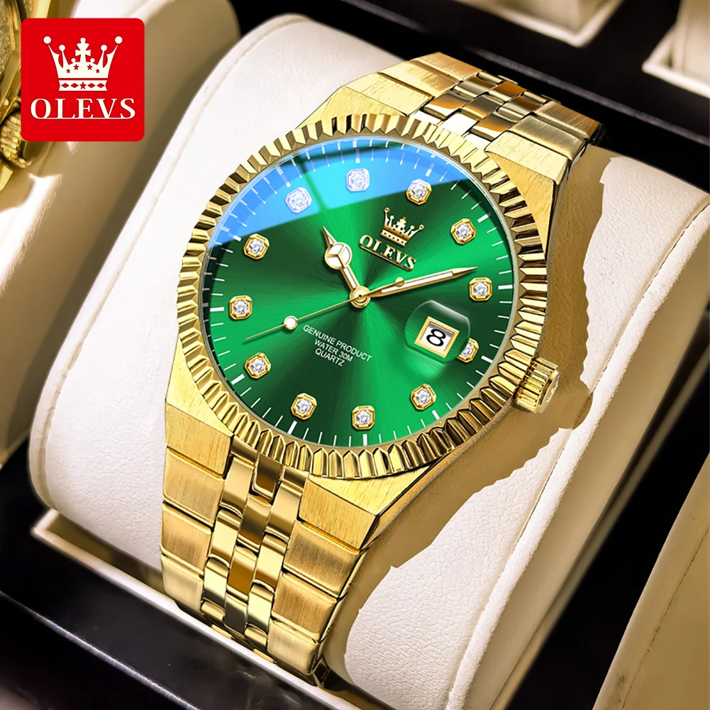 OLEVS 2989 Mens Watch Solid Stainless steel Luxury Diamond Green Dial Watches Waterproof Quartz Men's Wristwatch