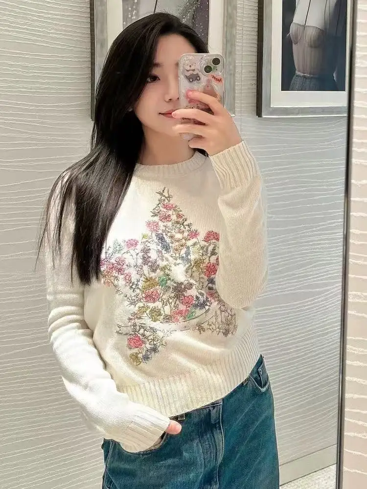 Estrela bordado camisola de malha pulôver feminino 2025 inverno manga longa em torno do pescoço malhas topos vintage elegante jumpers