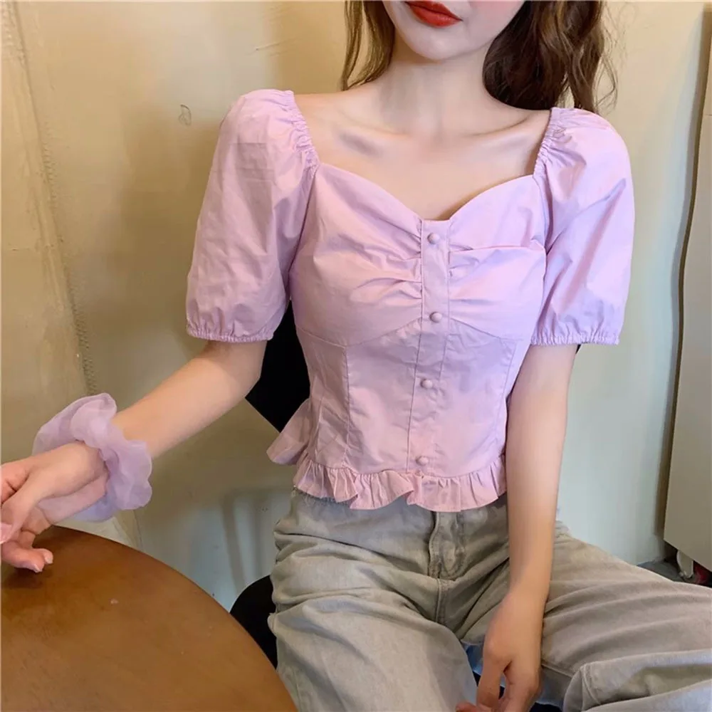 French Style Ruffle Blouse Vintage Square Neck Shirts And Blouses Ladies Fashion Sexy Short Tops Women Slim Blusas Para Mujer