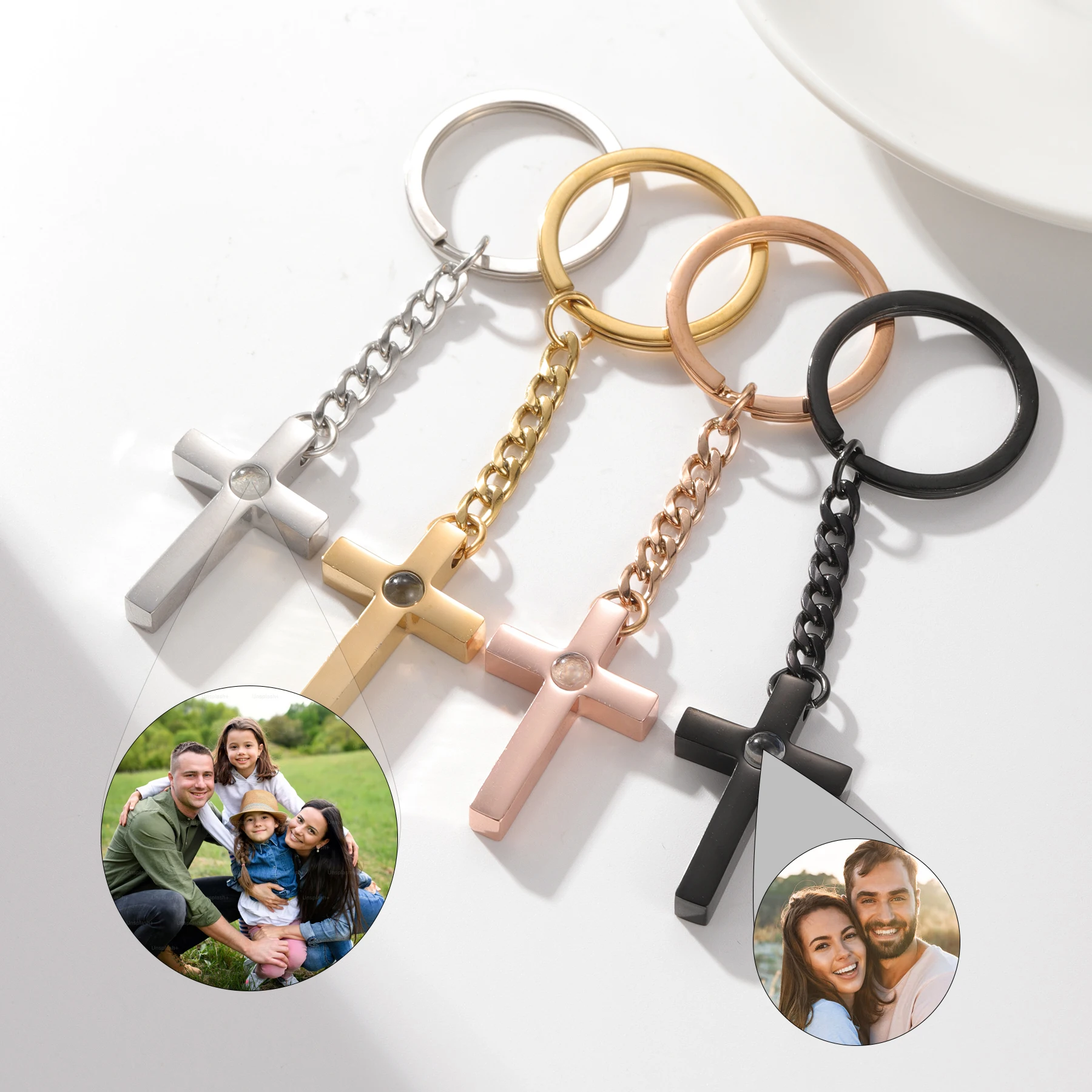 Personalisierter Foto-Projektions-Kreuz-Schlüsselanhänger aus Edelstahl - Individuelles Bild-Erinnerungsgeschenk für Familie und Freunde – Detail 1