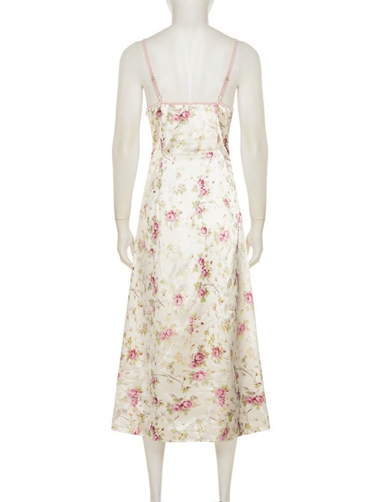 SsTss フレンチ ストリート スタイル V ネック レース サテン スリップ ドレス 女性 花柄 A ライン マキシ ドレス 調節可能なストラップ付き 夏休み用