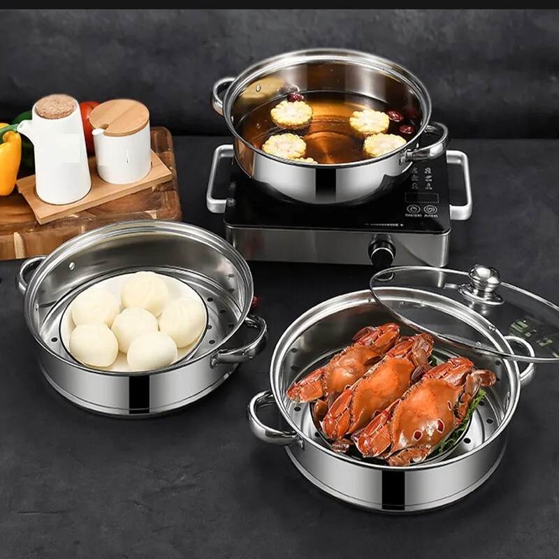 2-Tier Stainless Steel Steamer Multilayer Pot Cookware Pot With Tempered Glass Lid Work with Gas Electric Grill Stove Top Safe