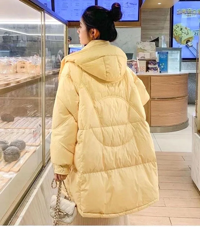 New Winter White Duck Down Coat Hooded Warm Puffer Jacket Women Irregular Fluffy Bubble Drawstring Waist Loose Down Jacket Women