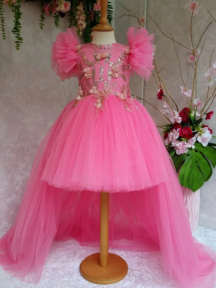 Vestido de flores con lentejuelas para niña, traje de tul con cuello redondo, rosa, hinchada, para cumpleaños, primera comunión, Princesa, 2024