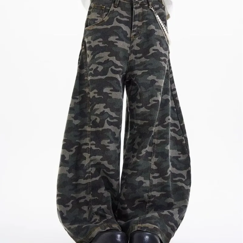 Luipaardprintbroek Dames Herfst Nieuwe High Street Design Losse dunne rechte wijde broek Retro grote zak Scimitar Jeans