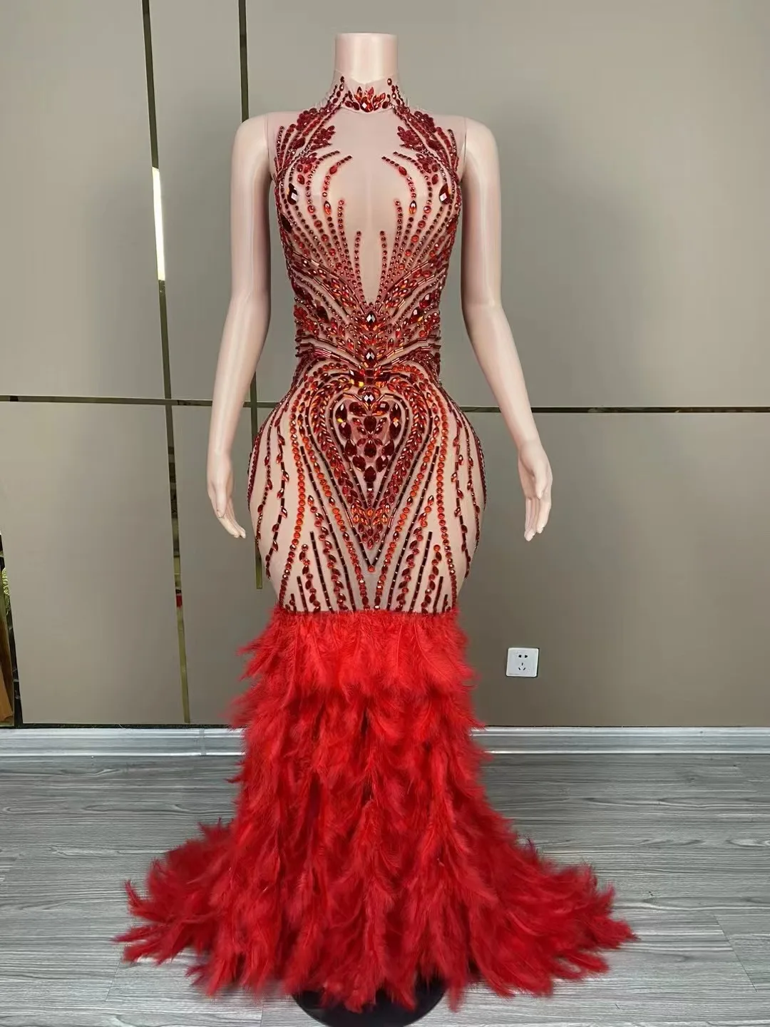 Shinning Red Rhinestones Luxury Feather Sleeveless Sexy Sheath Floor-length Dress Evening Party Prom Performance Costume