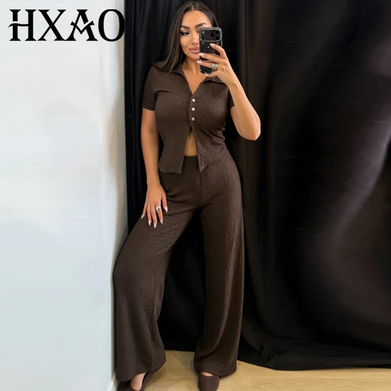 HXAO Women's Two Pieces Set Textured Pants Sets Summer Cropped Short Sleeve Top 2 Piece Set Fashion Straight Leg Trousers Outfit