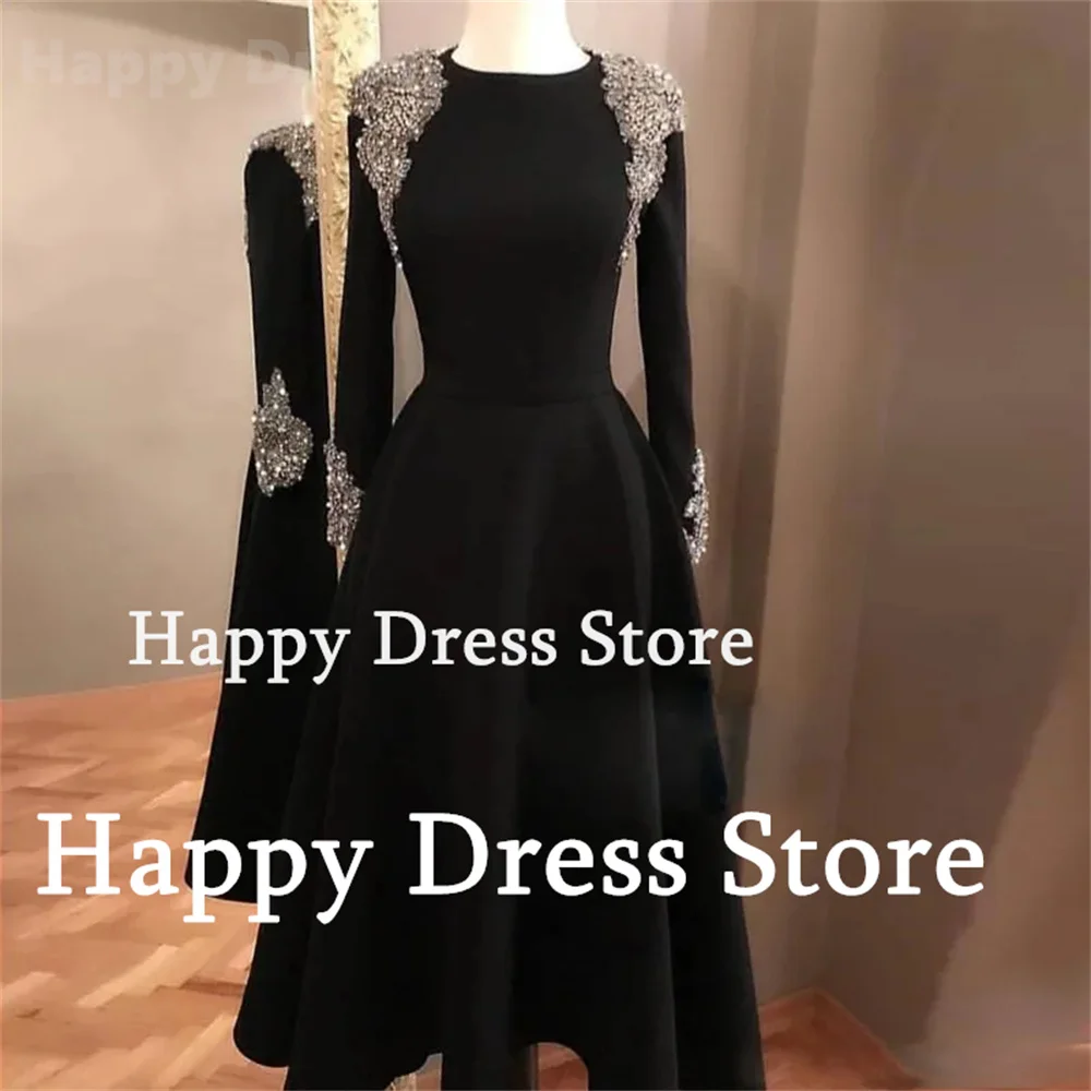 Vestido Formal negro con apliques de cuentas, vestido de noche de manga larga con cuello redondo, línea A, largo hasta el té, para fiesta de regreso