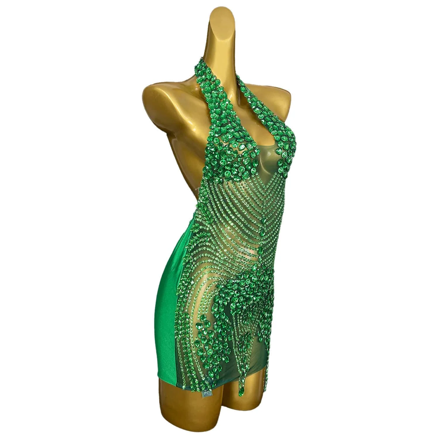 Meilv-vestido de noche con espalda descubierta para mujer, traje de fiesta de cumpleaños con diamantes de imitación verdes transparentes, ropa de escenario corta para cantante