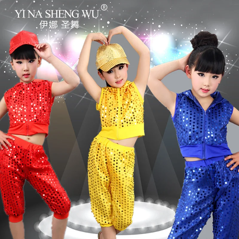 

Детские костюмы для джазовых танцев для мальчиков и девочек, комплекты для современных танцев в стиле хип-хоп, уличных танцев, укороченный топ и брюки с блестками