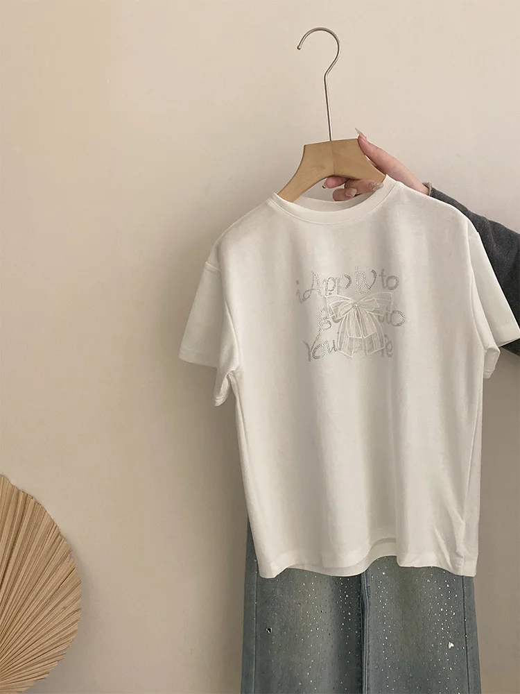

Medium and Large Children2025Summer Girls' Fashionable Round Neck White ButterflyTT-shirt Western StylelShiny Rhinestone Stretch
