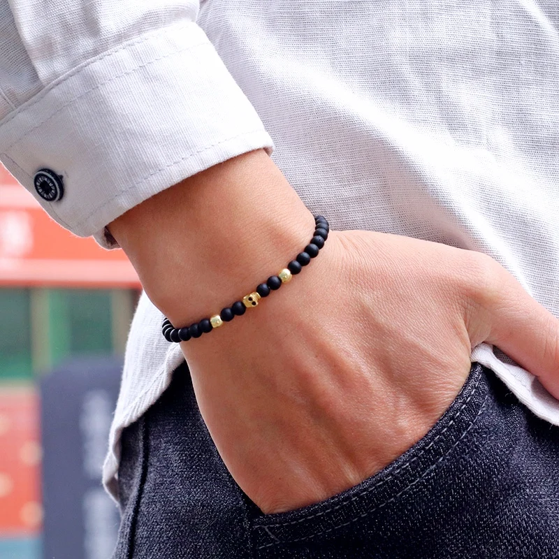New 4mm Beaded Bracelet For Men Gothic Skull Braslet Natural Volcanic Rock Blue Howlite Stone Braclet Punk Accessories Hombre