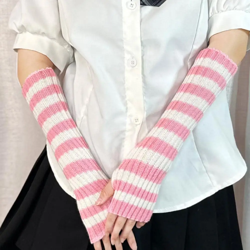 New Long Glove Arm Cover Classic Pink Black White Striped Fingerless Elbow Gloves Warmer Knitted Wristband Elasticity Non-slip