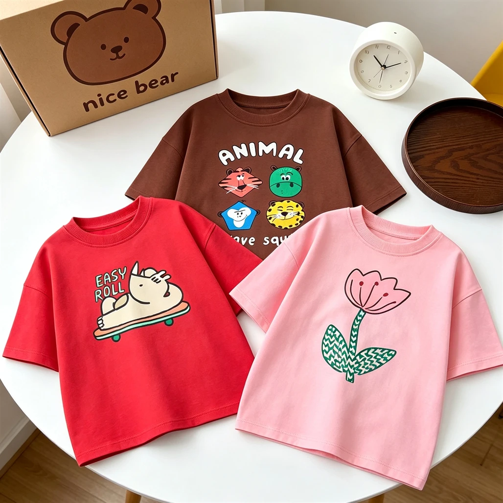 Red Pink Brown TShirt Child New Design Tees 2026 Kids Summer Clothing Pure Cotton Tops Toddler Trendy Round Neck Base Shirt