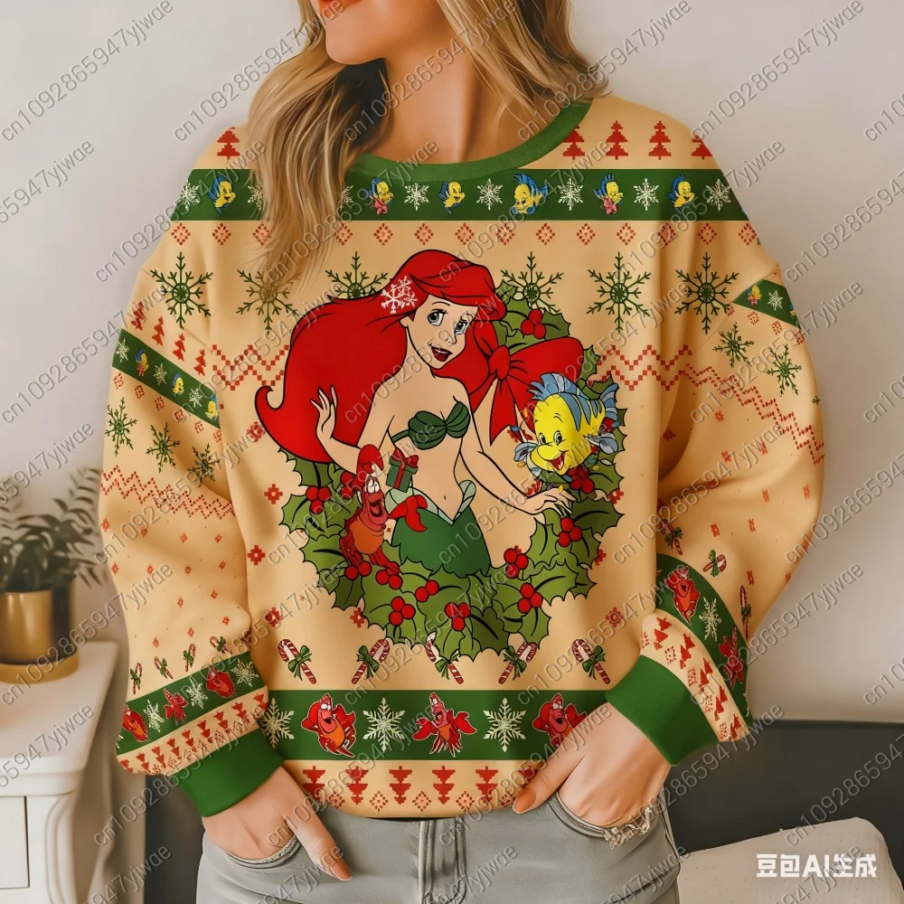 2025 عيد ميلاد سعيد ارييل ليتل ميرميد الأميرة ربيع الخريف المرأة البلوز القمم موضة زوجين هوديي البلوز