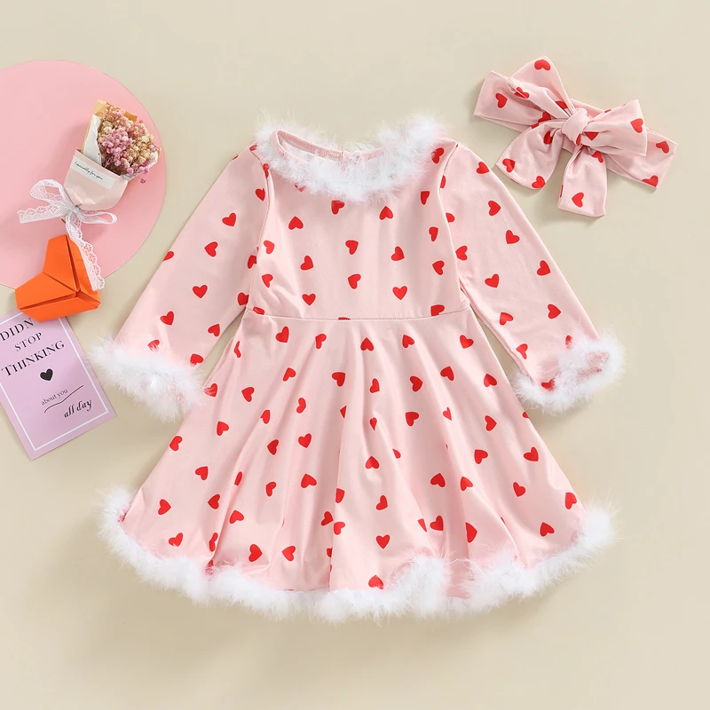 Toddler Girl Floral Print Long Sleeve Round Neck A-Line Dress with Bow Headband Set for Casual Parties and Events