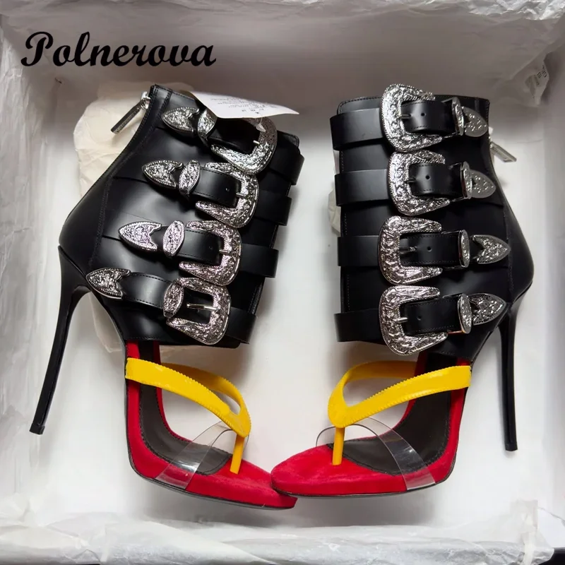 Sexy Flip Toe Metal Buckle Sandals Mid Calf Sandal Boots Stiletto Heels Zipper Women Shoe Summer Sandalias De Mujer Verano