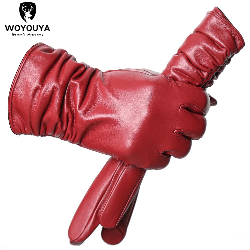 

Winter Sheepskin Women's Gloves Warm Plus Velvet Short Thin Touch Screen Driving Female Color Leather Gloves New High End-2801T