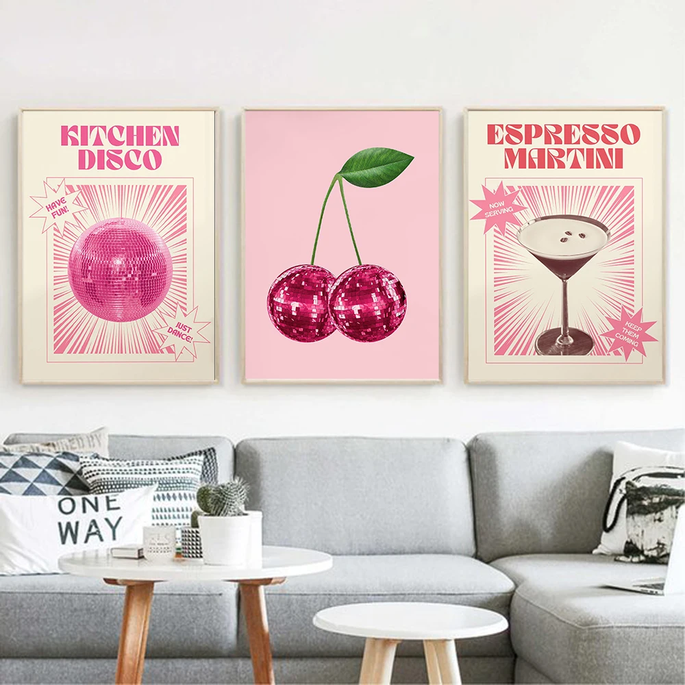 Retro Disco Ball Cherries Print Wall Art Canvas Painting Trendy Espresso Martini Cocktail Dancing Skeleton Poster Kitchen Decor