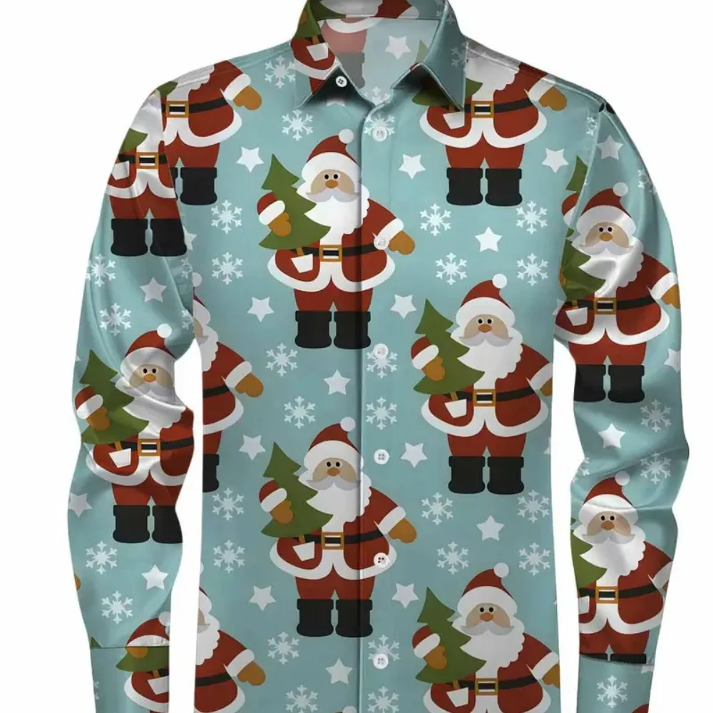 

Men's Long-Sleeved Christmas Printed Shirt Lapel Button Comfortable Winter Party Clothing Fashionable Christmas Gift Idea