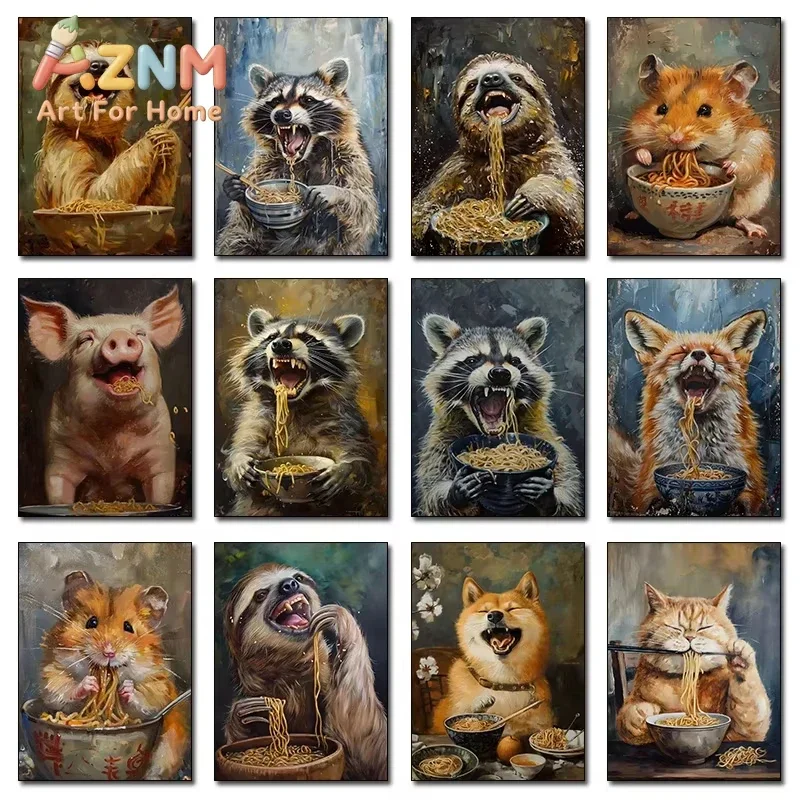Funny Animals Eating Ramen Poster Printing Raccoon, Hamster, Fox, Cat, Dog, Wolf Canvas Art Home Decor for Bedrooms Dining Room