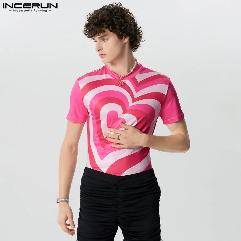 INCERUN Tops 2024 Fashionable New Men\'s Gradient Love Pink T-shirts Casual Stylish Male Hot Selling Short Sleeved Camiseta S-5XL