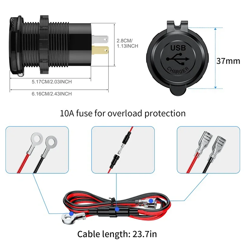 차량용 LED 디지털 디스플레이 및 전원 스위치, RV ATV 오토바이, 12V, 24V USB C 차량용 충전기, 83W 고속 충전, 65W PD3.0 및 18W QC3.0