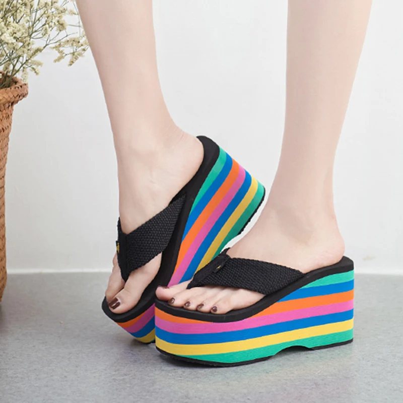 Women\'s Slippers Female Flip Flops Women Summer Rainbow Sandals Beach High Heel Shoes For Women Platform Wedge 10cm Slippers