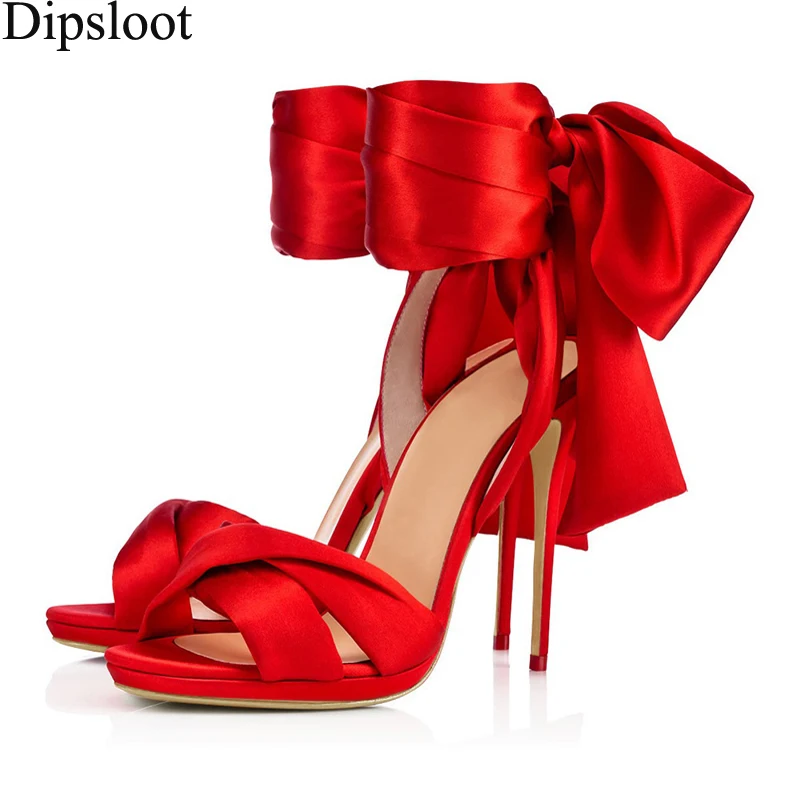 

Black Red Silk Lace-up Big Bowtie Sandals Stiletto Heels Silk Fabric Bandage Butterfly-Knot Wedding Shoes Celebrity Stage Pump