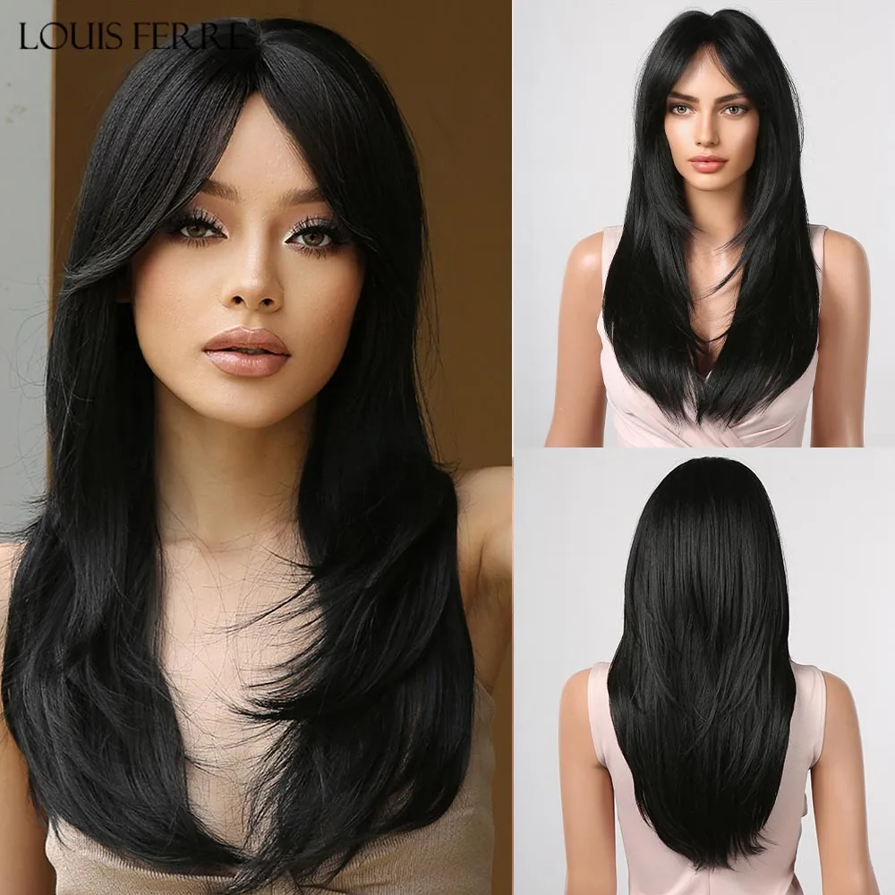 LOUIS FERRE Long Black Straight Synthetic Wigs with Bangs Layered Hair Wigs for Afro Women Daily Cosplay Heat Resistant Wig Hair