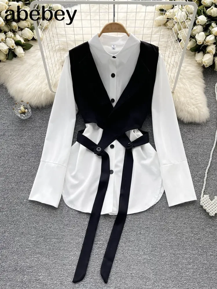 Japanese Style Woman Oversized Unique Two Piece Outfits Long Sleeve Casual Blouses Vest Set Feminine Shirt chemise femme