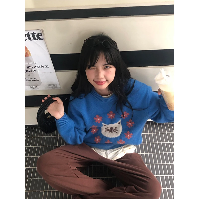 

Harajuku Cartoon Sweater Women Fashion Cropped Floral Print Knitted Pullovers Korean Long Sleeve Knitwears Winter Casual Jumpers