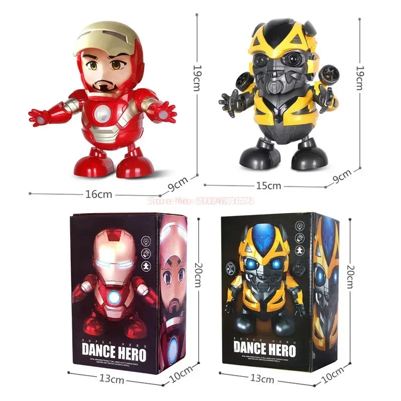 New 19cm Marvel Iron Man Dance Action Anime Figures Sing Sound Led Spiderman Avengers Ironman Super Heros Robot Baby Kids Gift