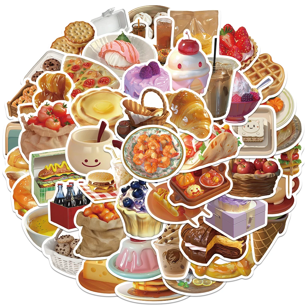 50pcs Vinyl Laptop Decals Ins Style Funny Food Stickers Dessert Bread Coffee Sticker For Luggage Guitar Phone Vinyl Decals