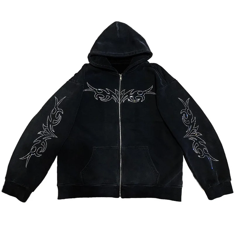 Autumn Fashion Punk Y2k Gothic Grunge Rhinestones Letter Zip Up Hoodies Long Sleeve Coat Sweatshirt Jacket Streetwear ﻿