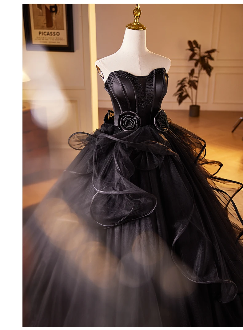 luxury black beading court ball gown fairy medieval dress princess queen cosplay gown ball long dress