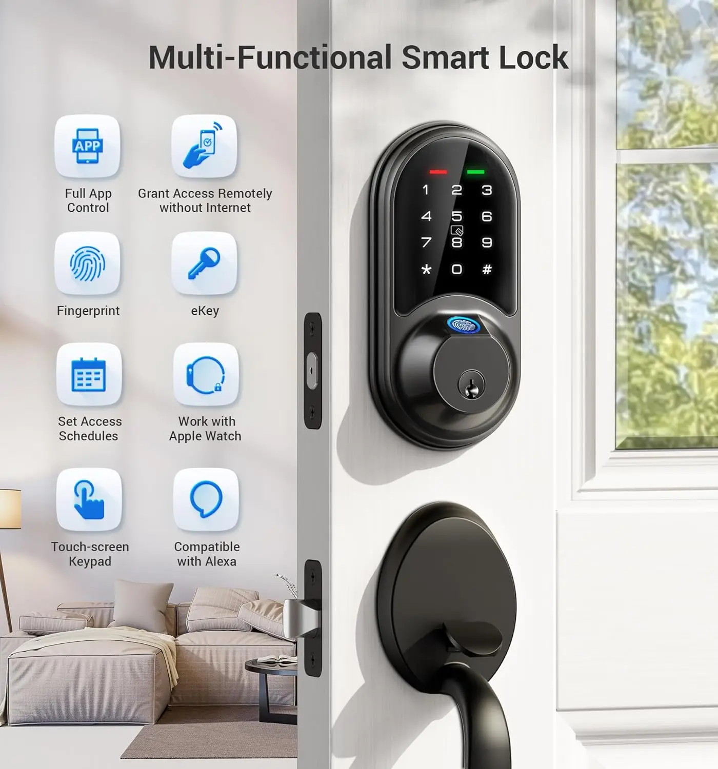 7-in-1 Keyless Smart Door Lock with Fingerprint, App Control, Touchscreen Keypad in Matte Black