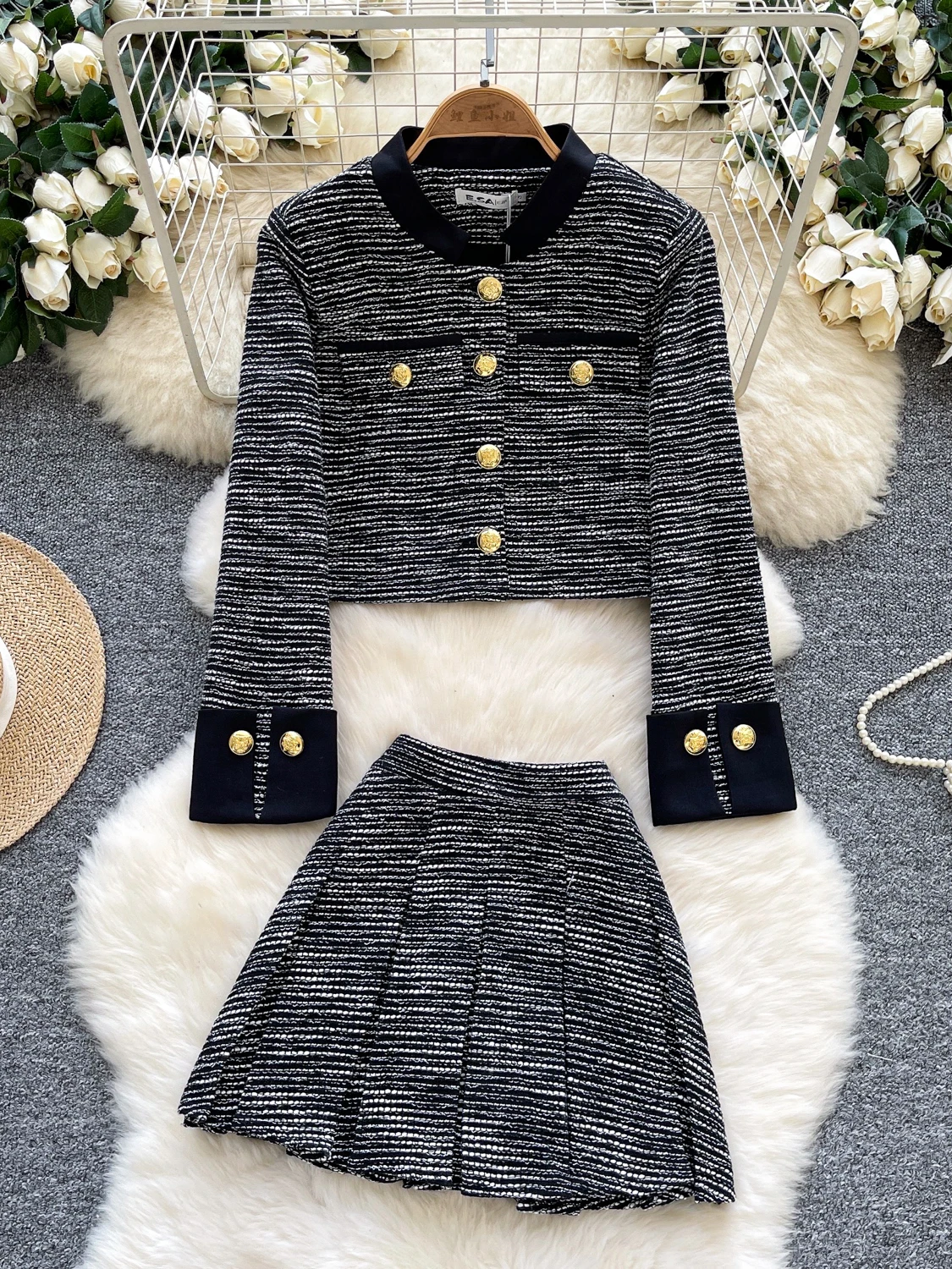 

Ele Heavy Metal Bule Tweed Jaet High Waist f Skirt Two Piece Set Autumn Faion Women's Premium Quali Outfit