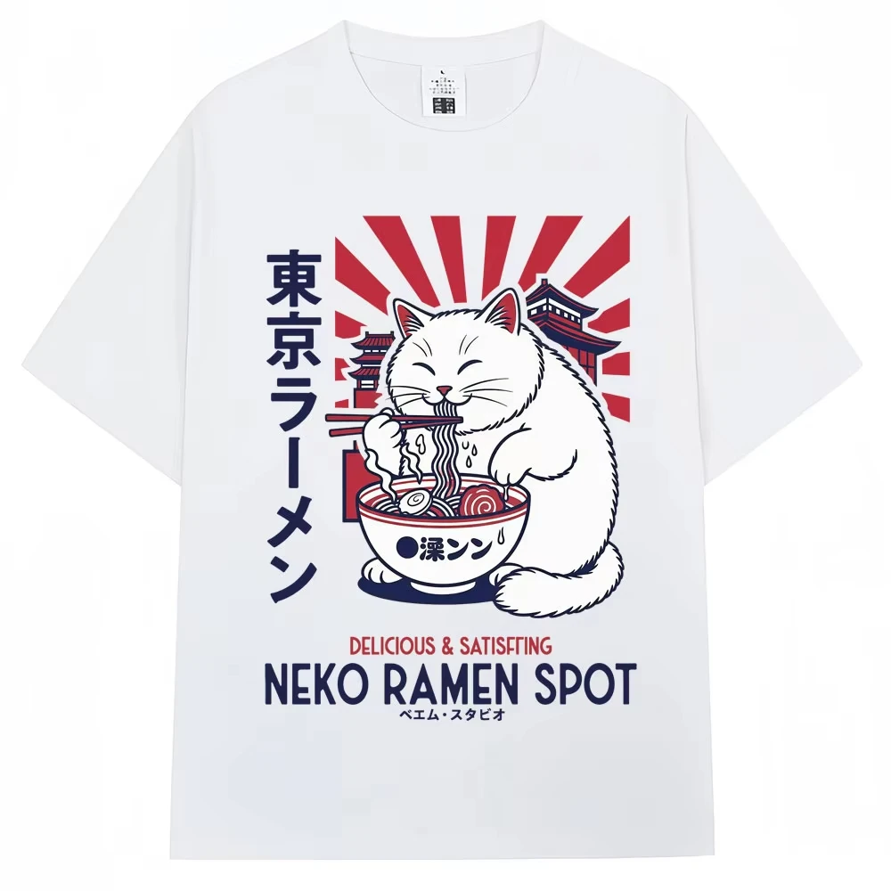 Japanese Style Tokyo Ramen Cat Graphic T Shirts Men Women Fashion Harajuku T-shirts Oversized Cotton Casual T-shirt Streetwear