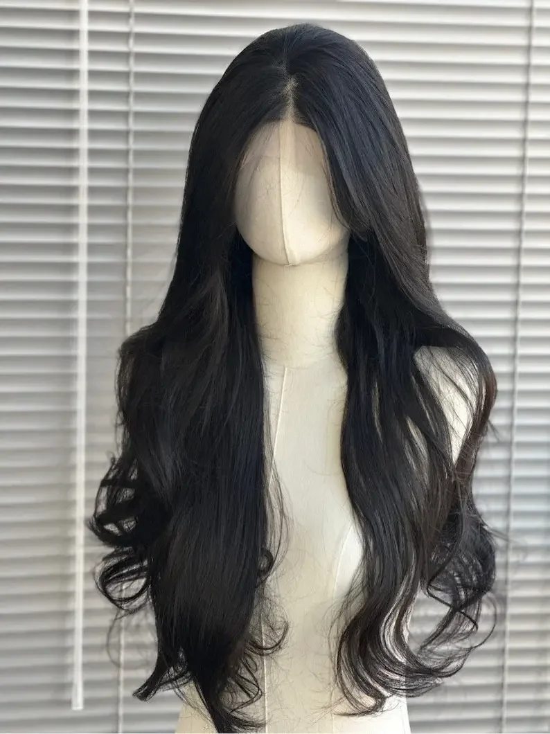 Black Wig for Women 13*4 Lace Front Wig Long Wavy Hair Deep Parting Black Curly Hair Natural Hairline Lace Front Synthetic Wig