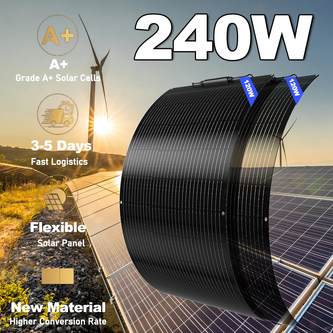 Kit di pannelli solari flessibili da 240W e 120W, sistema di pannelli fotovoltaici da 12V, pannelli per la ricarica solare, ideale per caravan, giardini e abitazioni, spedizione dall'UE.