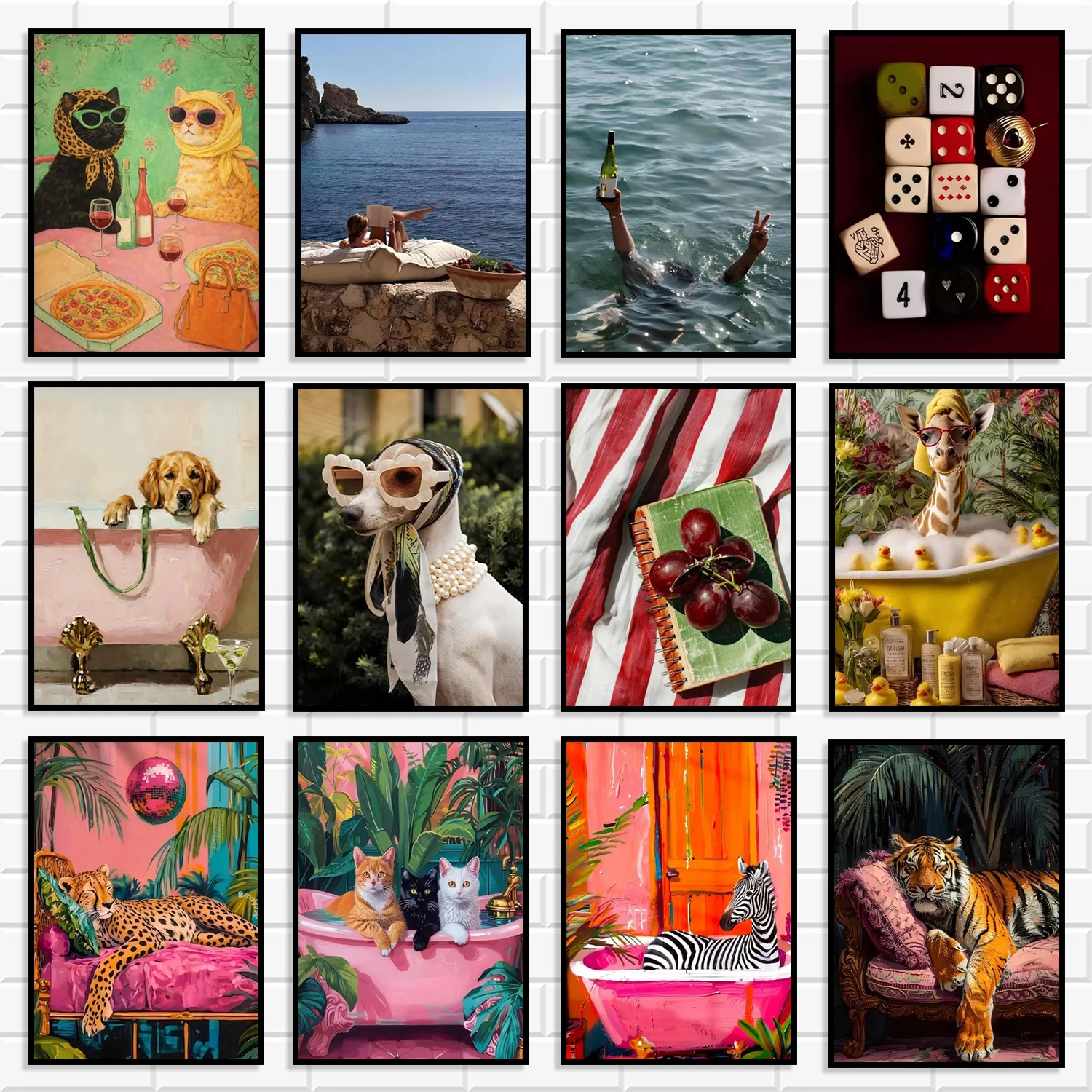 Funky Eclectic Animal Art Print Collection Preppy Maximalist Style Posters Cute Cat Dog & Wild Animal Wall Decor for Home Decor