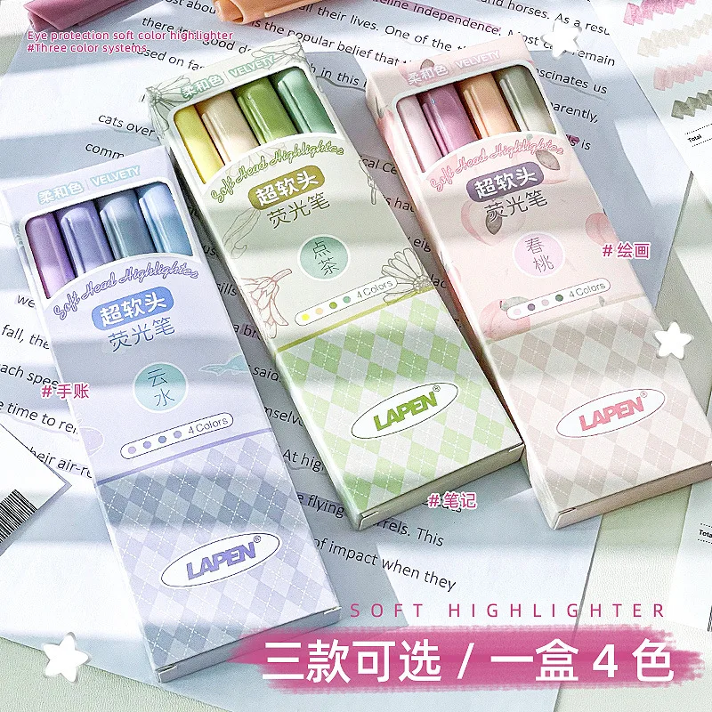 4Pcs Fresh Highlighter Pen Set Fiber Axe Shaped Pen Tip For Students To Draw Mark And Highlight School Supplies