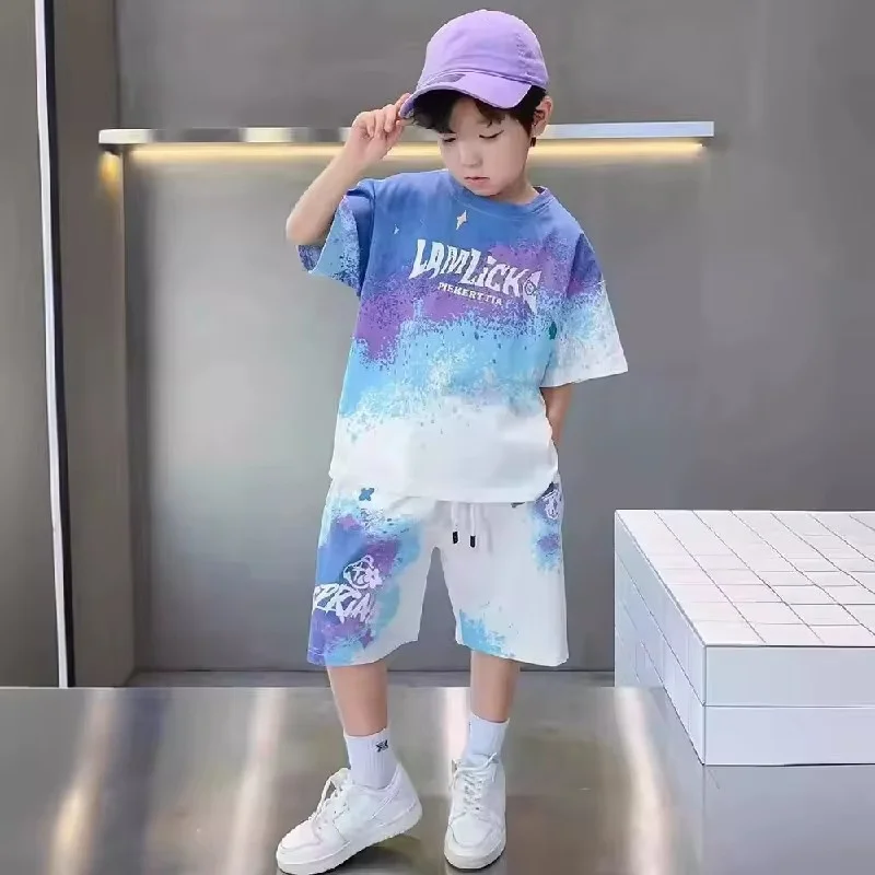 Summer Teen Clothes Sets Boys Gradient T-shirts+Shorts 2 Pcs Big Kids Casual Short Sleeve Suits Children Print Outfits Tracksuit